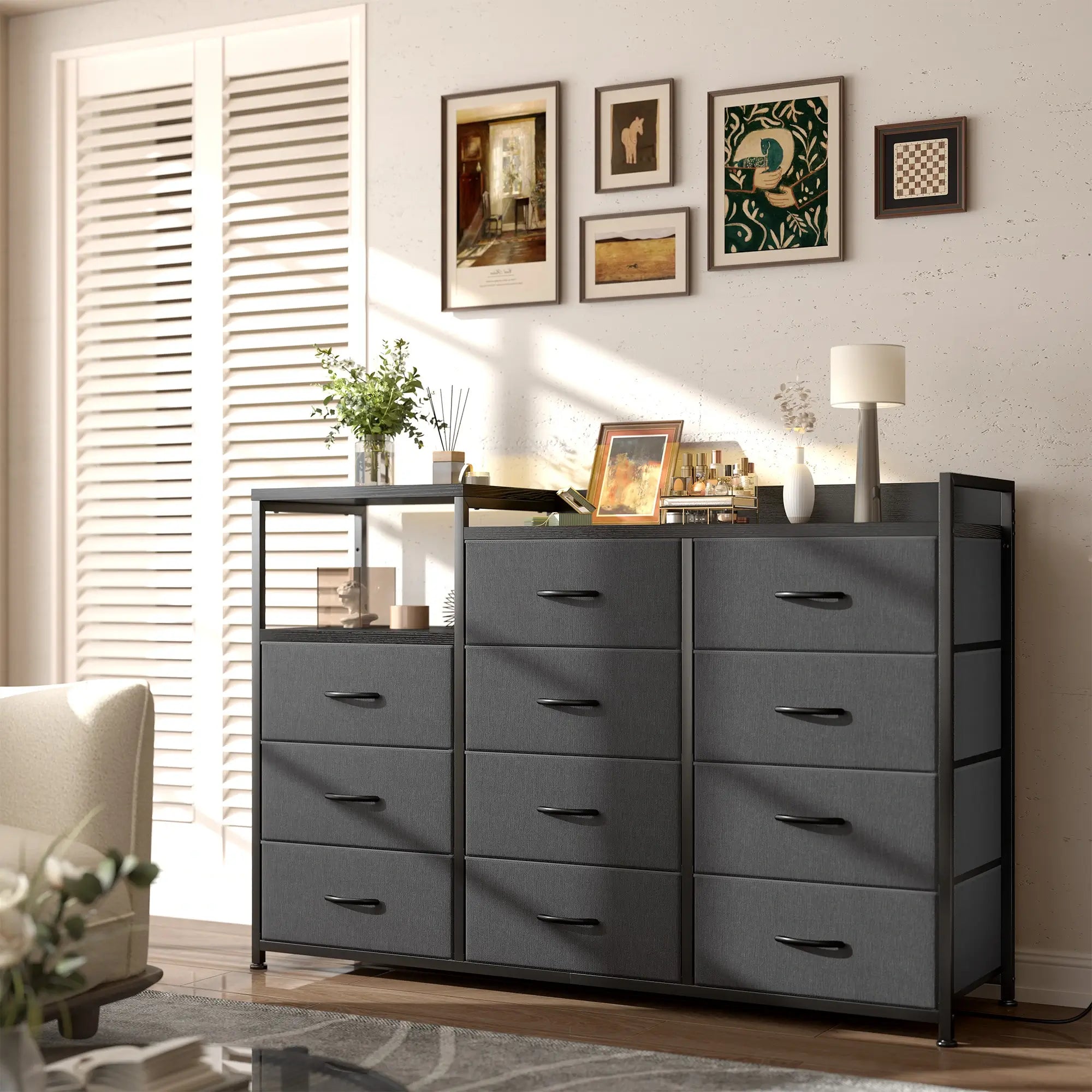 Unlike a traditional chest of drawers, this dresser with shelves and drawers combines hidden and open storage in one unit.