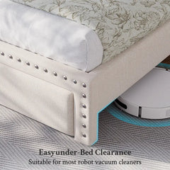 Snhomee Upholstered Bed Frame with Storage Headboard & 2 Drawers, No Box Spring Needed, Noise-Free Padded Platform Bed