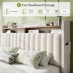 Snhomee Upholstered Bed Frame with 2 Drawers & Storage Headboard, No Box Spring Needed, Noise-Free Padded Platform Bed