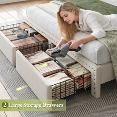 Snhomee Upholstered Bed Frame with Storage Headboard & 2 Drawers, No Box Spring Needed, Noise-Free Padded Platform Bed