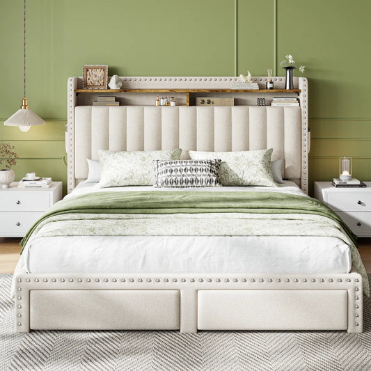 Snhomee Upholstered Bed Frame with Storage Headboard & 2 Drawers, No Box Spring Needed, Noise-Free Padded Platform Bed 800