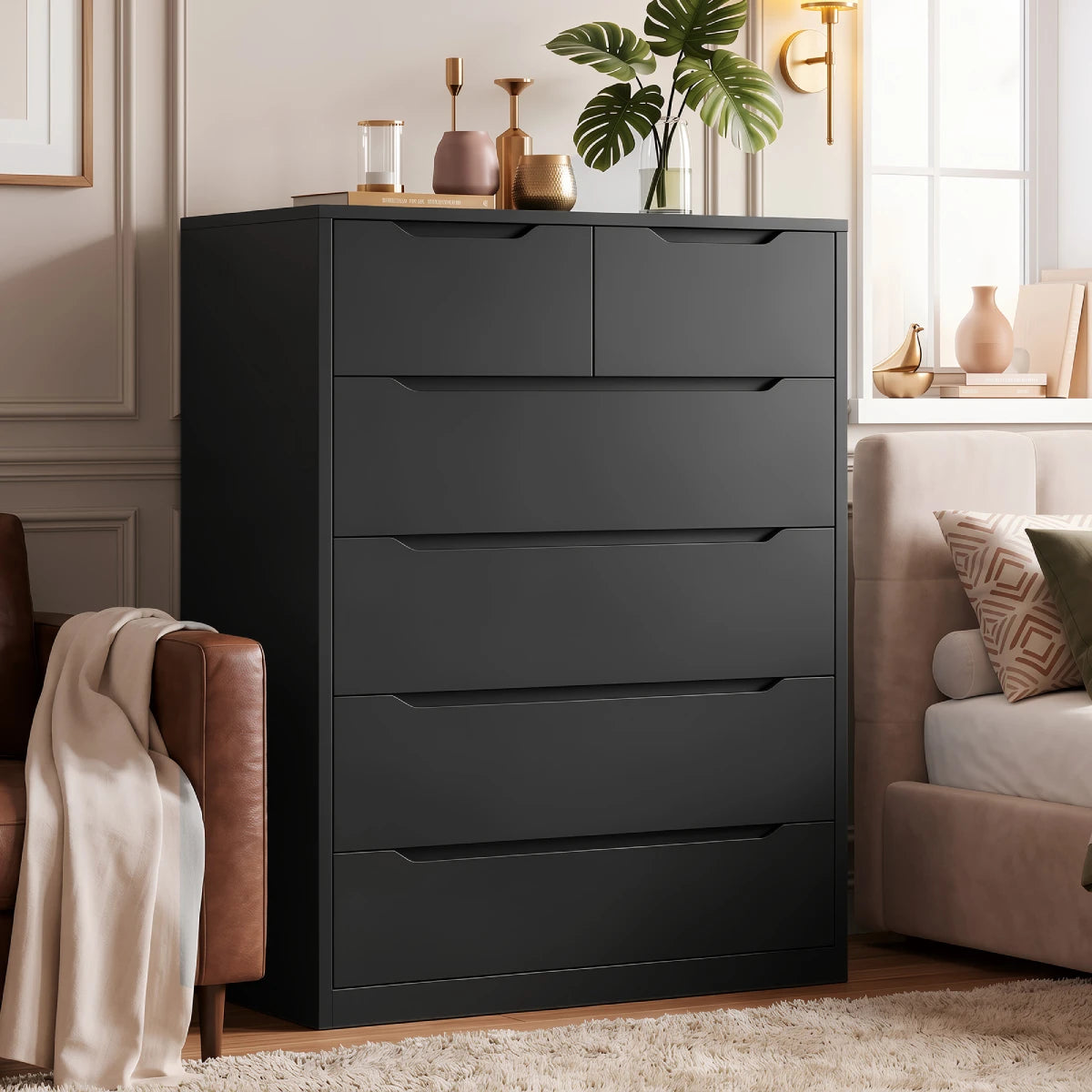 Snhomee 6-Drawer Tall Dresser, Modern Wood Storage Cabinet with Handleless Design, Quiet Glide Drawers & Anti-Tip Safety for Bedroom, Living Room