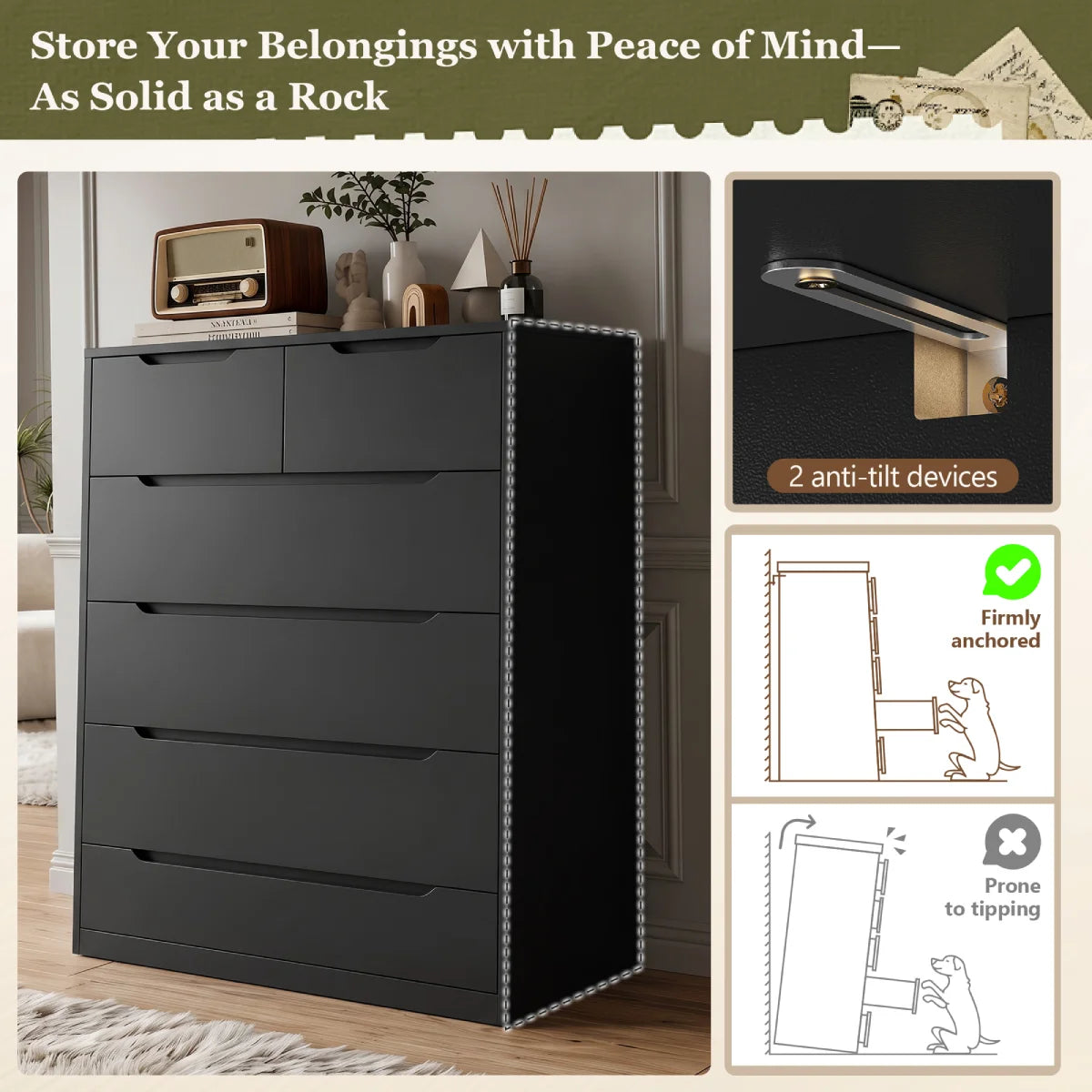 Snhomee 6-Drawer Tall Dresser, Modern Wood Storage Cabinet with Handleless Design, Quiet Glide Drawers & Anti-Tip Safety for Bedroom, Living Room