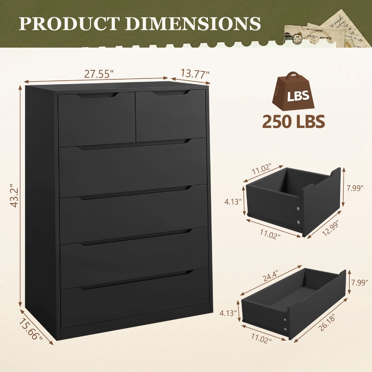 Snhomee 6-Drawer Tall Dresser, Modern Wood Storage Cabinet with Handleless Design, Quiet Glide Drawers & Anti-Tip Safety for Bedroom, Living Room