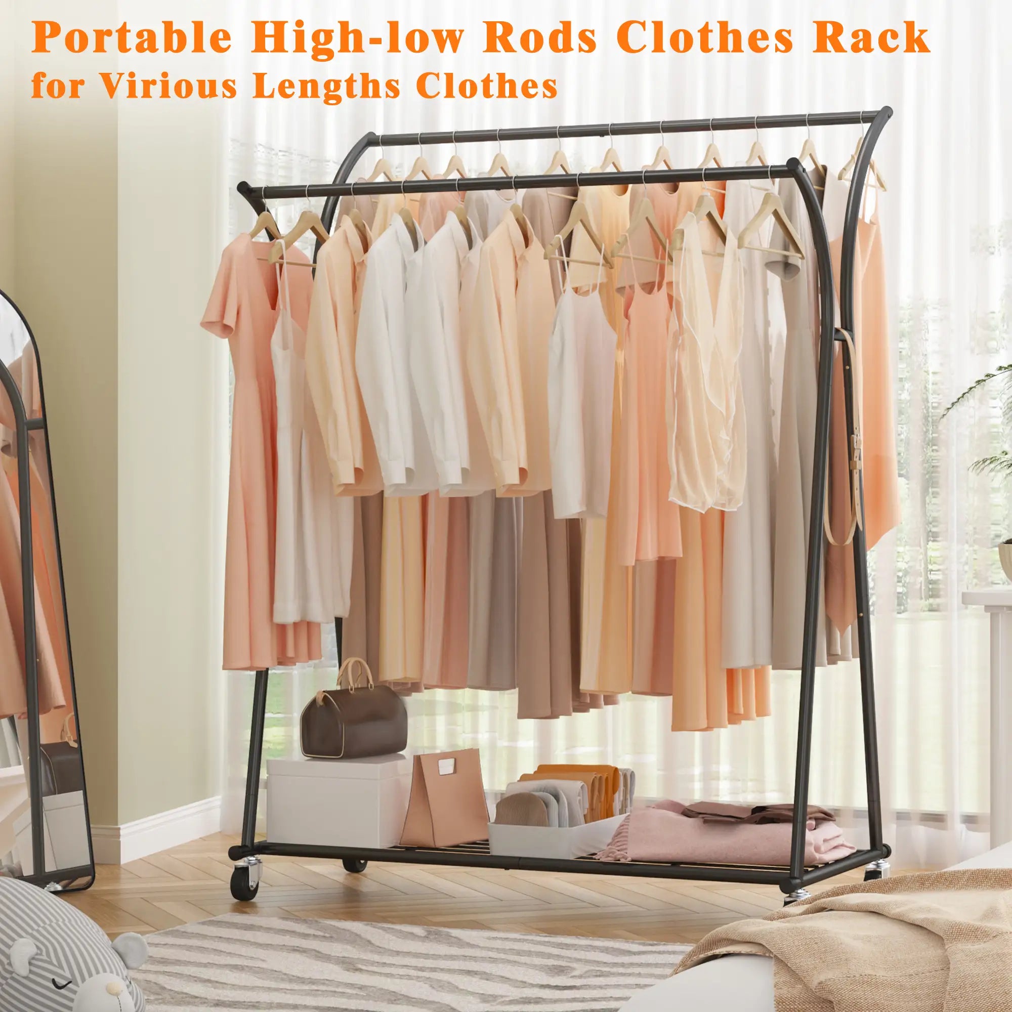 Double Rod Clothes Hanger Rack, Metal Rolling Clothing Rack With Wheels, 52"W x 20"D x (63"-69")H, Gold/Black-Gold-snhomee