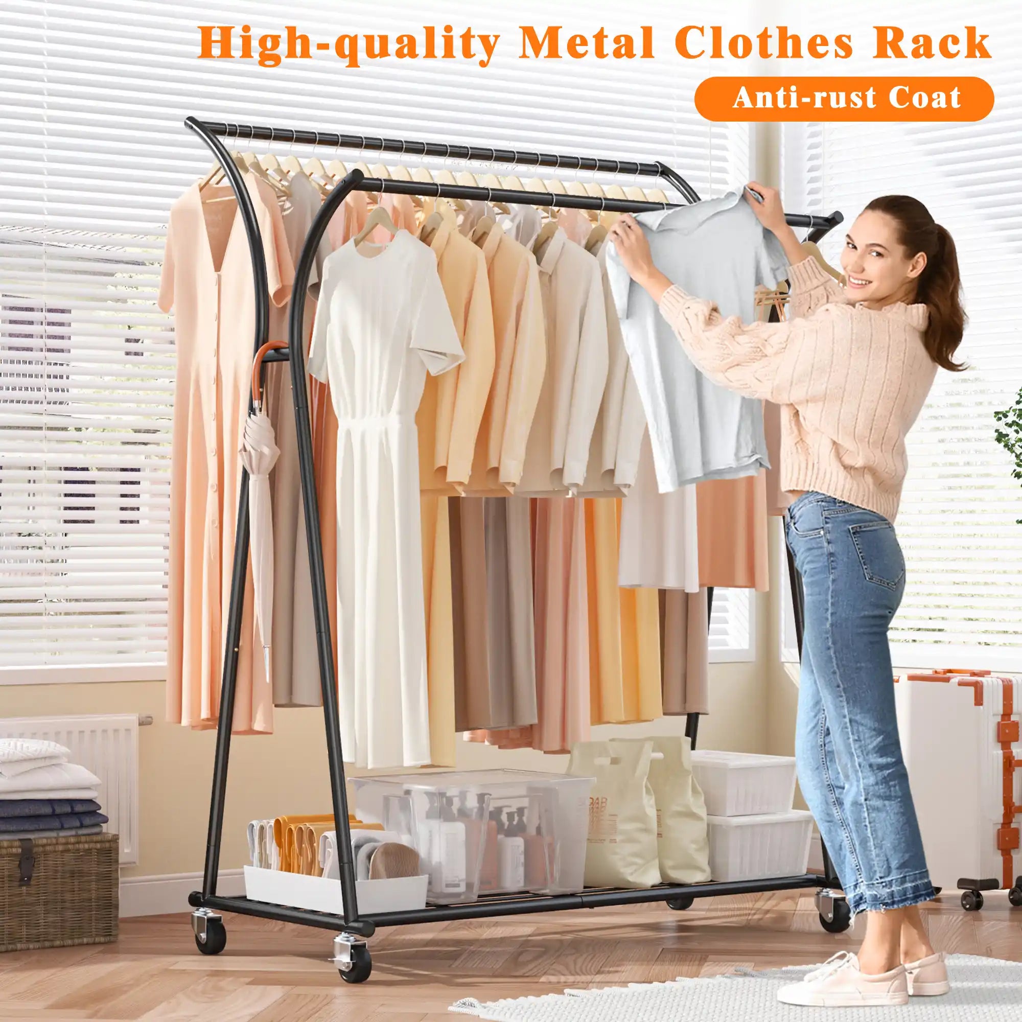 Snhomee Double-Rod Clothing Rack with Wheels, Rust-Resistant Clothes Rack with Bottom Shelf & Curved Supports for Long Coats Snhomee Double-Rod Clothing Rack with Wheels, Rust-Resistant Clothes Rack with Bottom Shelf & Curved Supports for Long Coats