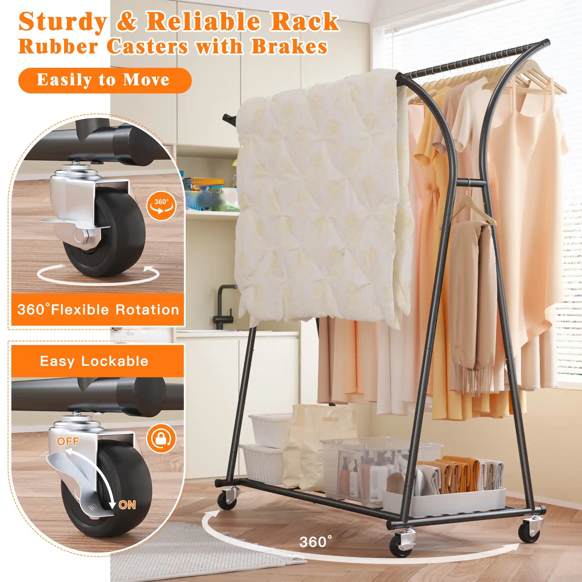 Double Rod Clothes Hanger Rack, Metal Rolling Clothing Rack With Wheels, 52"W x 20"D x (63"-69")H, Gold/Black-Gold-snhomee
