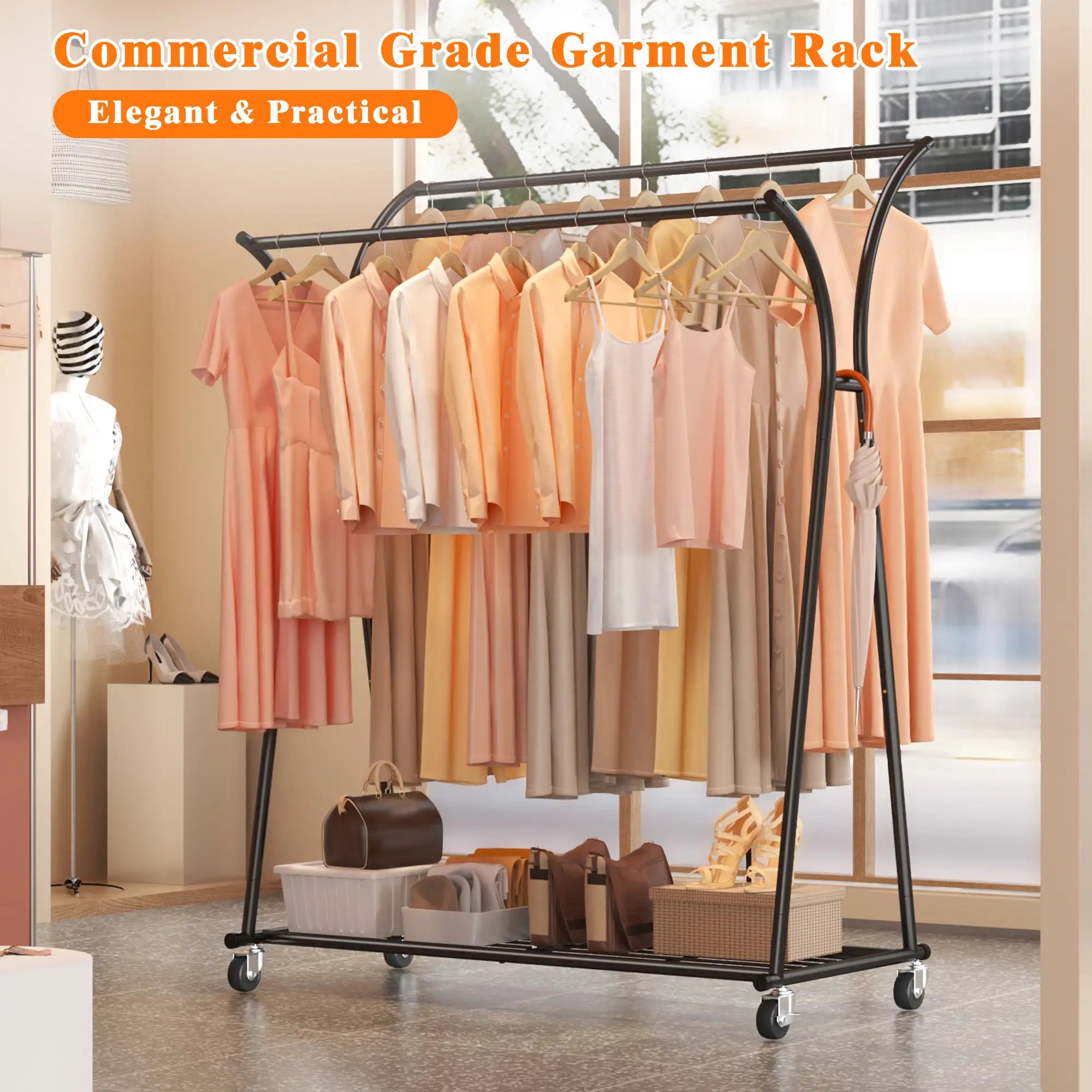 Double Rod Clothes Hanger Rack, Metal Rolling Clothing Rack With Wheels, 52"W x 20"D x (63"-69")H, Gold/Black-Gold-snhomee