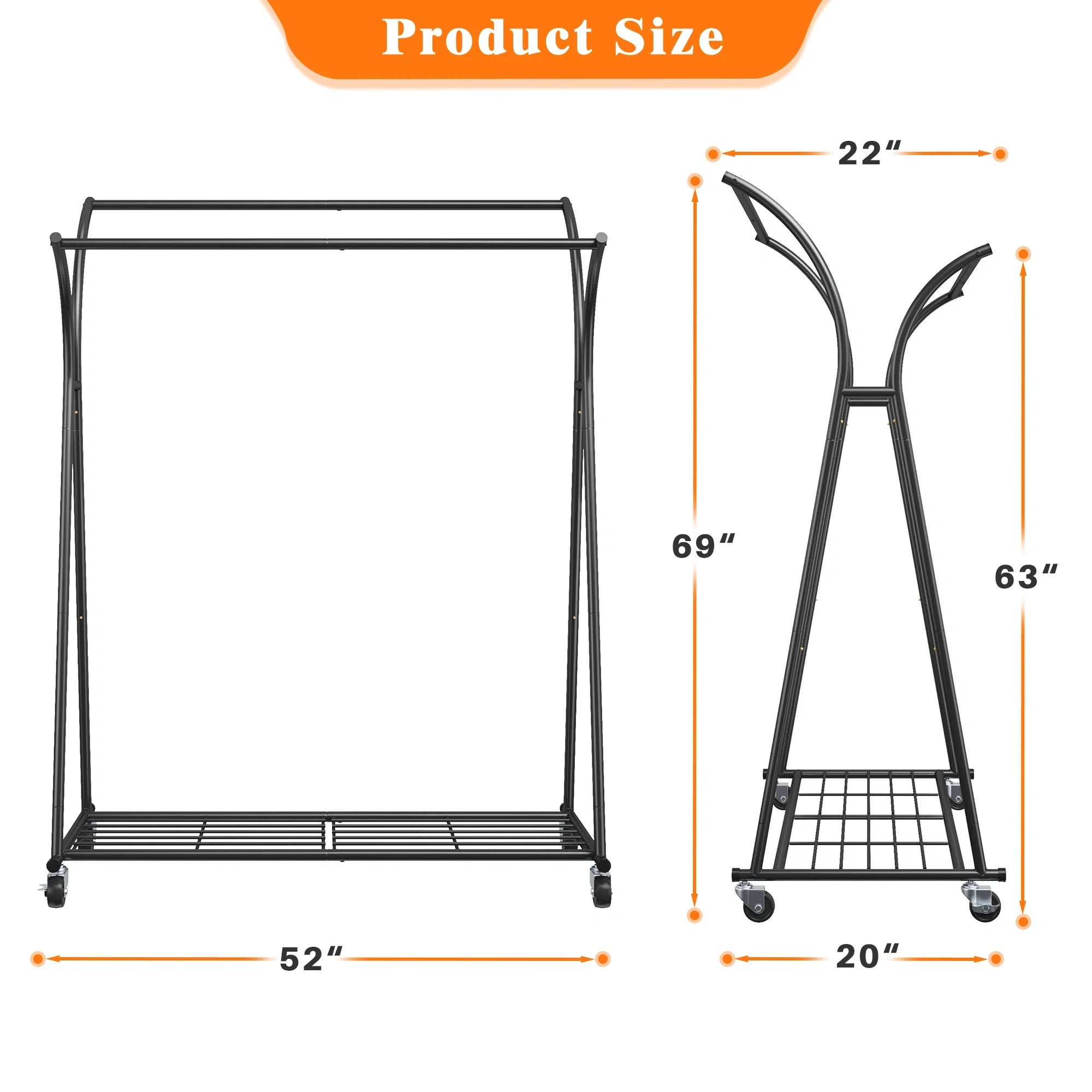 Double Rod Clothes Hanger Rack, Metal Rolling Clothing Rack With Wheels, 52"W x 20"D x (63"-69")H, Gold/Black-Gold-snhomee