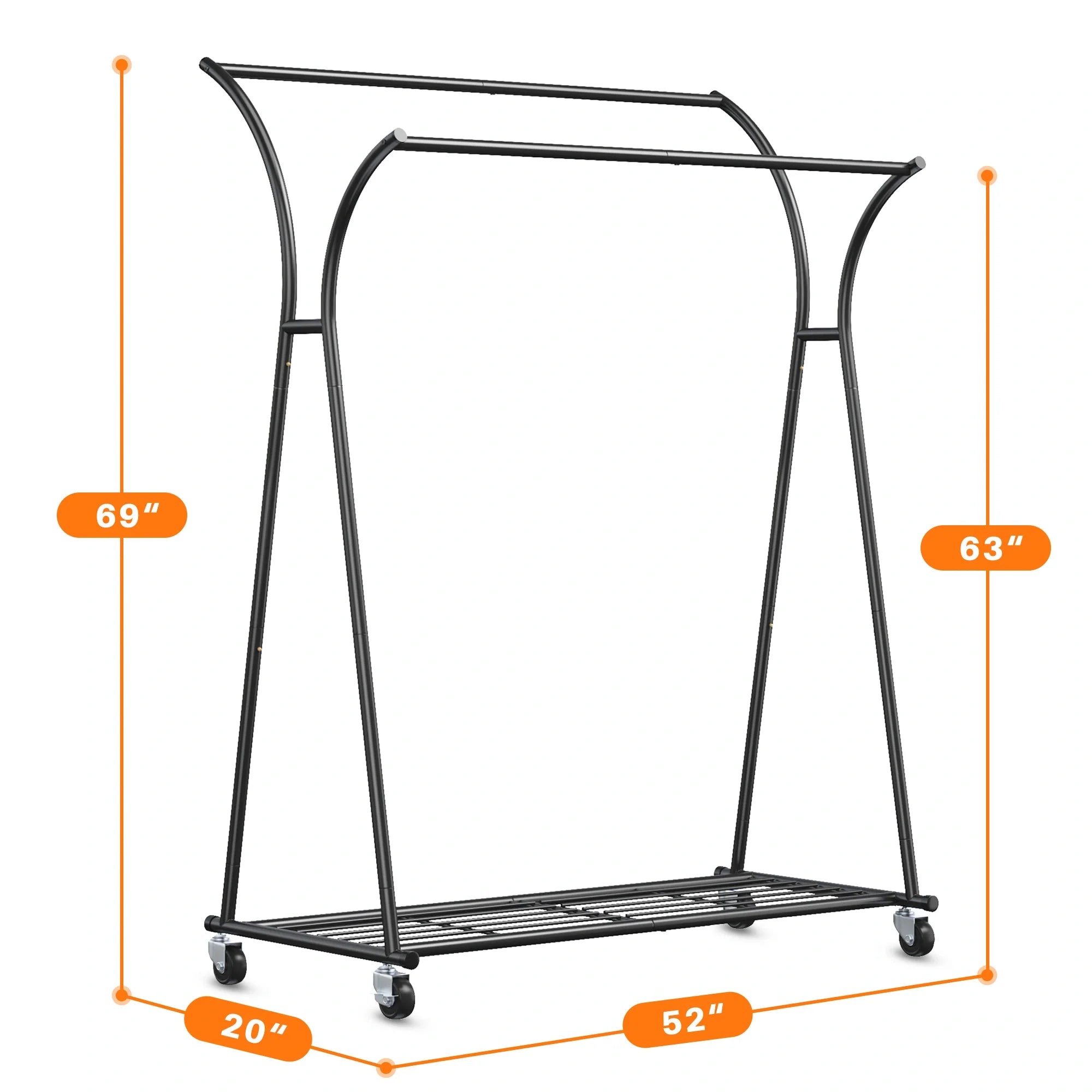 Double Rod Clothes Hanger Rack, Metal Rolling Clothing Rack With Wheels, 52"W x 20"D x (63"-69")H, Gold/Black-Gold-snhomee