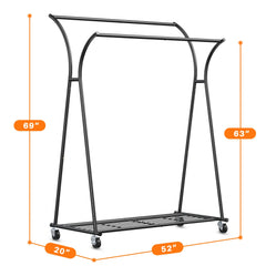 Double Rod Clothes Hanger Rack, Metal Rolling Clothing Rack With Wheels, 52"W x 20"D x (63"-69")H, Gold/Black-Gold-snhomee