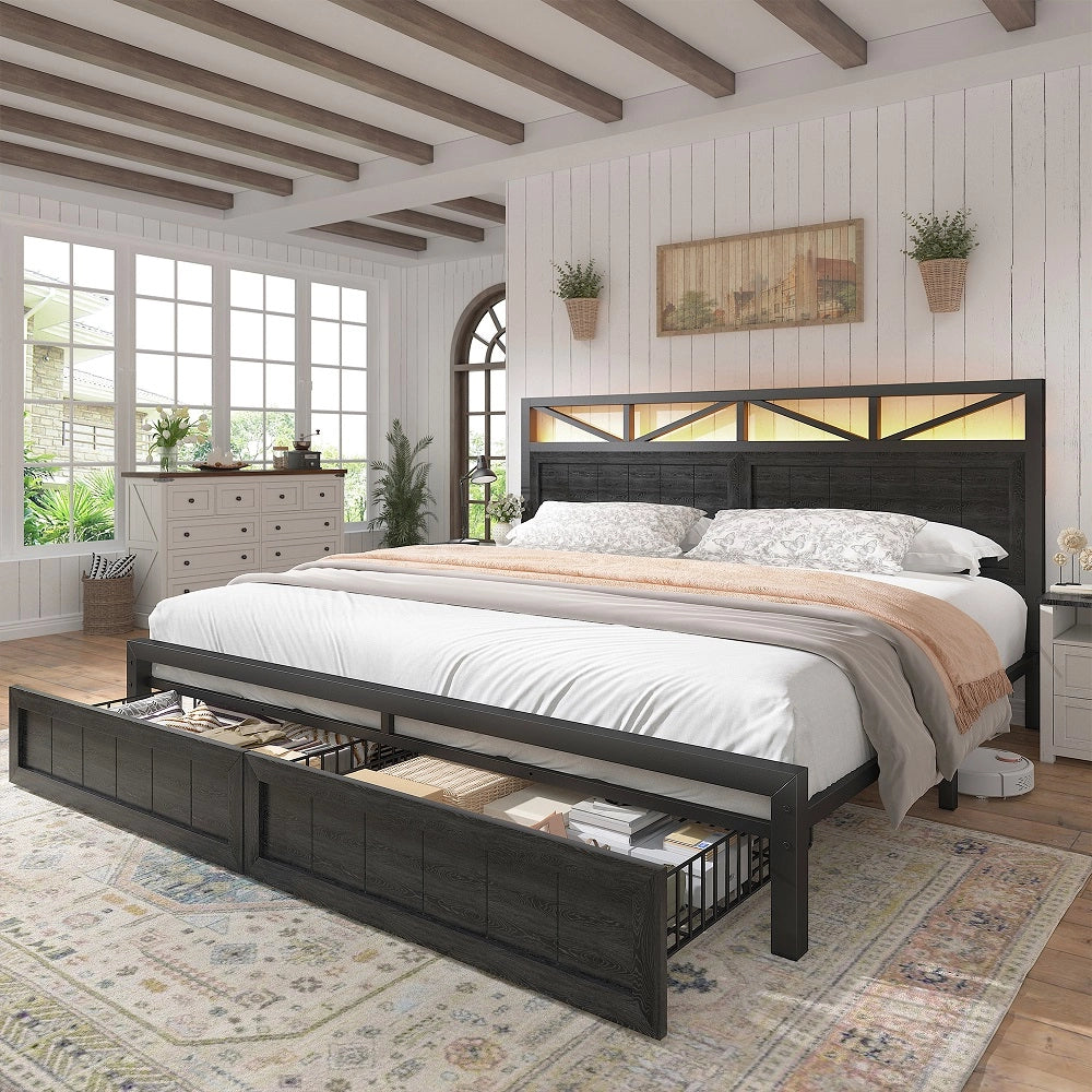 Snhomee Bed Frame with 2 Storage Drawers, LED Headboard & Charging Station,No Box Spring Needed, Noise-Free, Easy Assembly, 900LBS