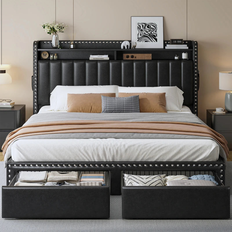 Snhomee Black Faux Leather Upholstered Bed Frame with Storage Headboard & 2 Drawers, Noise-Free, No Box Spring Needed