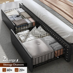 Snhomee Black Faux Leather Upholstered Bed Frame with Storage Headboard & 2 Drawers, Noise-Free, No Box Spring Needed