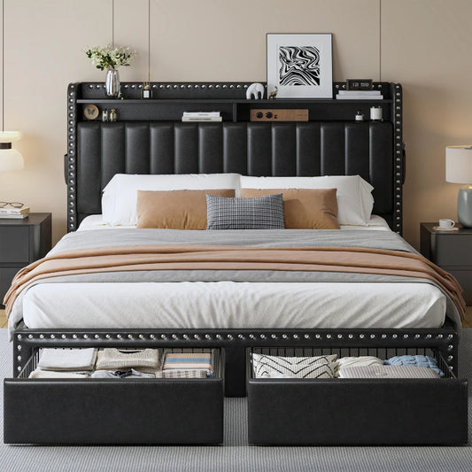 Snhomee Black Faux Leather Upholstered Bed Frame with Storage Headboard & 2 Drawers, Noise-Free, No Box Spring Needed 800