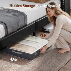 Snhomee Black Faux Leather Upholstered Bed Frame with Storage Headboard & 2 Drawers, Noise-Free, No Box Spring Needed