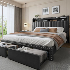 Snhomee Black Faux Leather Upholstered Bed Frame with Storage Headboard & 2 Drawers, Noise-Free, No Box Spring Needed