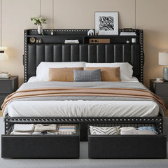 Snhomee Black Faux Leather Upholstered Bed Frame with Storage Headboard & 2 Drawers, Noise-Free, No Box Spring Needed