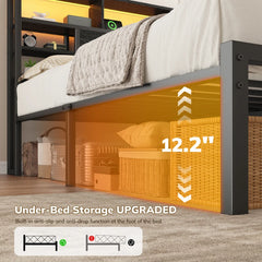 Snhomee 12.2" Under-Bed Storage Bed Frame with LED Lights, Charging Station & Storage Headboard, 1100 lbs, No Box Spring Needed