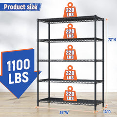 Snhomee 5-Tier Metal Wire Storage Shelves, 1100LBS Heavy Duty Adjustable Commercial Rack for Pantry Kitchen Garage Dorm Warehouse