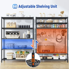 Snhomee 5-Tier Metal Wire Storage Shelves, 1100LBS Heavy Duty Adjustable Commercial Rack for Pantry Kitchen Garage Dorm Warehouse