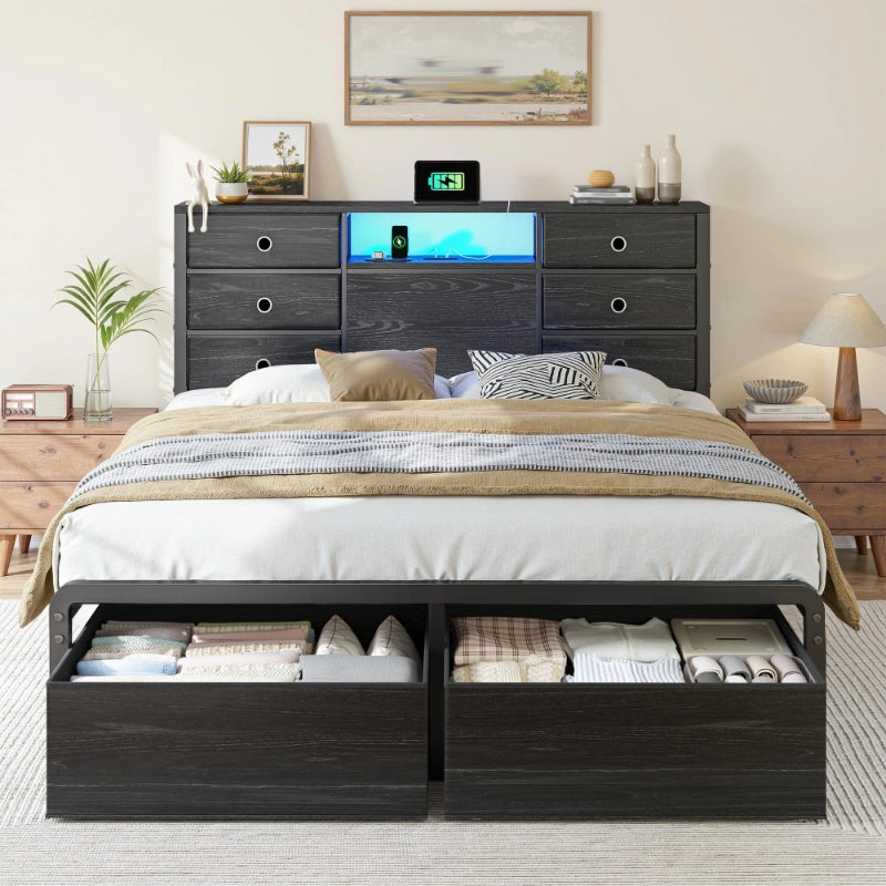 Snhomee Bed Frame with 8 Storage Drawers and Charging Station, Metal Platform Bed Frame with LED Lights and Headboard Storage, No Noise, Easy Assembly