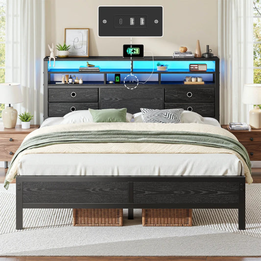 Snhomee Bed Frame with Storage Headboard & 4 Drawers, Metal Platform Bed with LED Lights & USB Charging Station, No Noise, Under Bed Storage, for Apartment & Guest Room 800