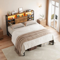 Snhomee Bed Frame with Storage Headboard, LED Lights and Charging Station, Heavy Duty Metal Platform Bed Frame, 1100 LBS Capacity, No Box Spring Needed, Easy Assembly