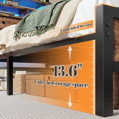 Snhomee Bed Frame with Storage Headboard & 4 Drawers, Metal Platform Bed with LED Lights & USB Charging Station, No Noise, Under Bed Storage, for Apartment & Guest Room