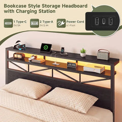 Snhomee Bed Frame with 4-Tier Storage Headboard, Fast Charging Station & Smart LED Light,  880 lbs Heavy Duty Support,Easy Assembly