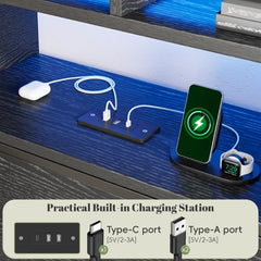 Snhomee Bed Frame with Storage Headboard & 4 Drawers, Metal Platform Bed with LED Lights & USB Charging Station, No Noise, Under Bed Storage, for Apartment & Guest Room