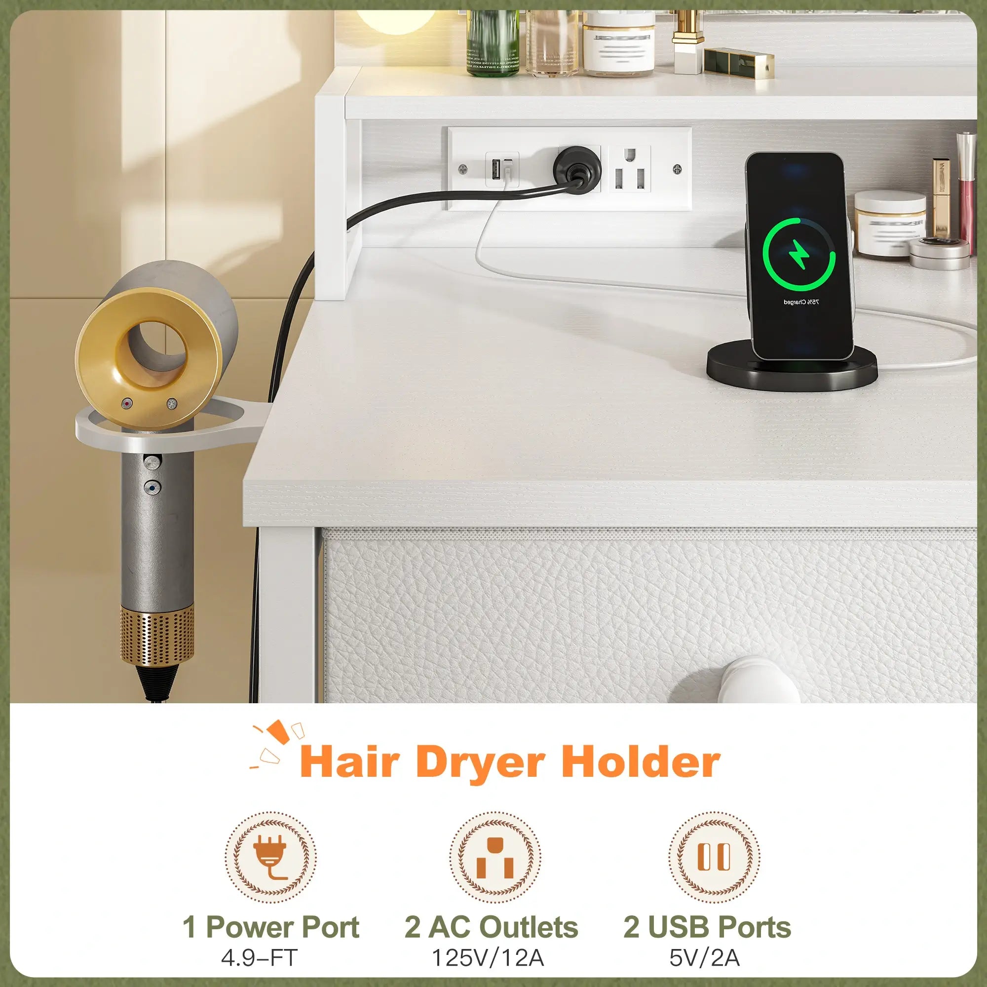 Built-in charging station & hair dryer rack of modern vanity desk