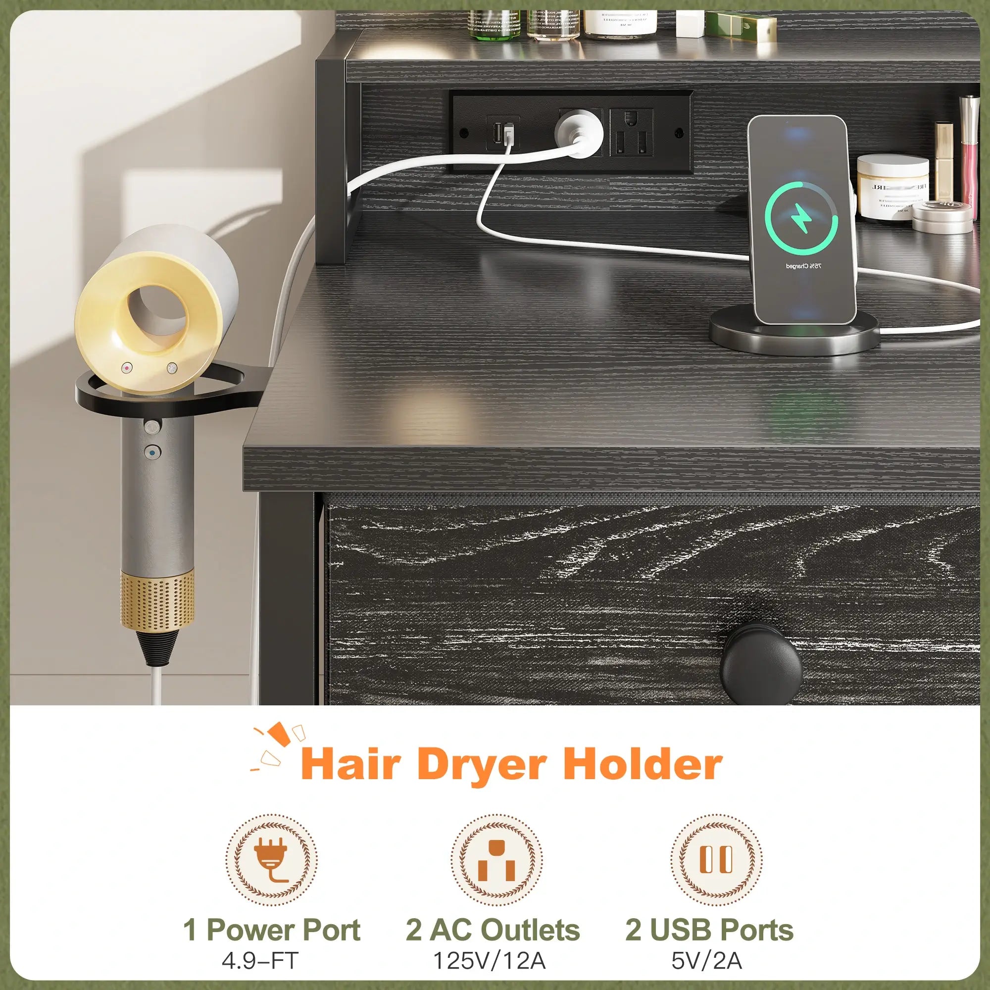 Built-in charging station & hair dryer rack of modern vanity desk black