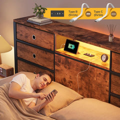 Snhomee Bed Frame with 8 Storage Drawers and Charging Station, Metal Platform Bed Frame with LED Lights and Headboard Storage, No Noise, Easy Assembly