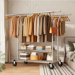 74"W Clothing Rack with Wheels, Heavy-Duty Steel Frame with Shelves, No-Wobble Design, Quick Assembly