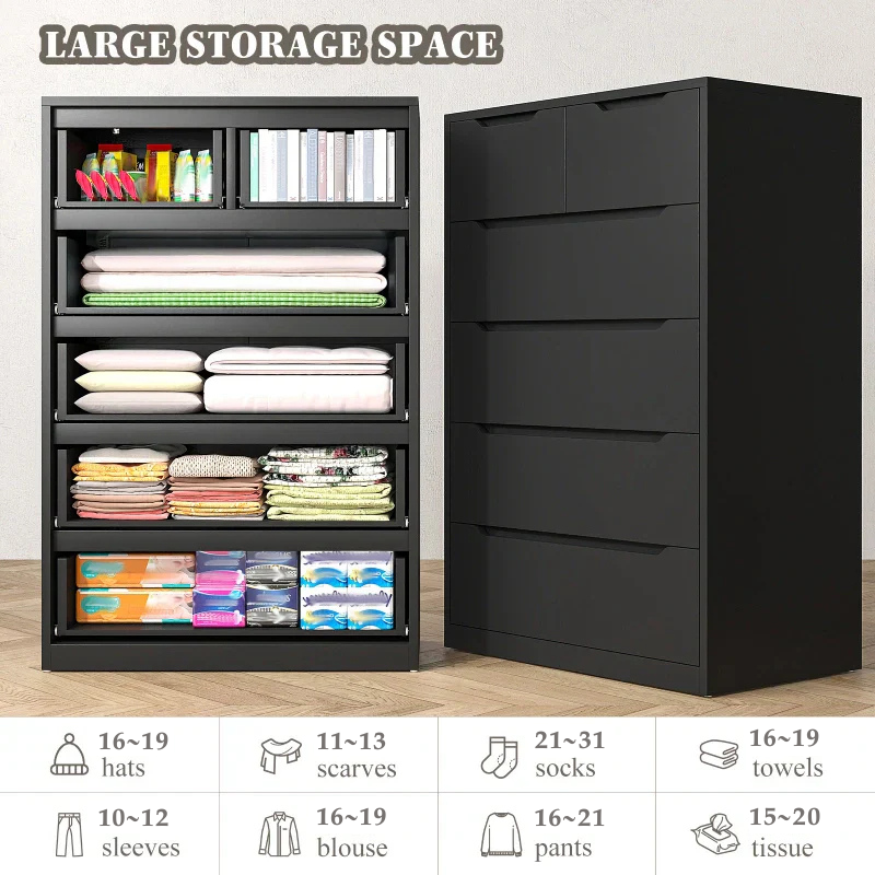 6-Drawer Black Tall Wood Dresser 43.3"H Vertical Dresser for Bedroom and Entryway-Furniture > Dresser-snhomee