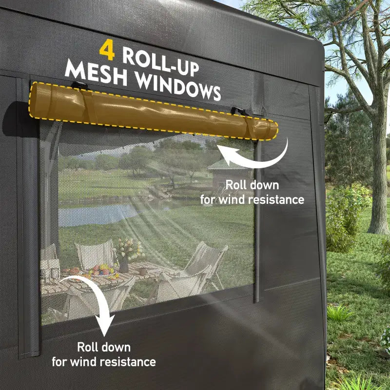 This carport with mesh windows provides ventilation without completely opening the sidewalls.4 roll-up mesh windows improve airflow while helping keep insects and outdoor debris away from your covered space.