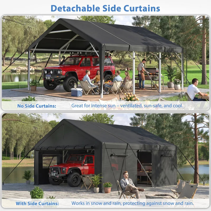 A carport with removable sidewalls lets you switch between an enclosed garage and an open-air shelter as needed.The portable garage with curtains adapts easily to vehicle storage, outdoor work, gatherings, and seasonal use.