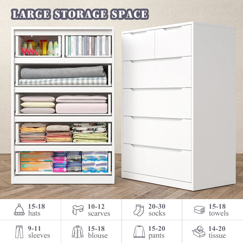 6-Drawer White Tall Wood Dresser 43.3"H Bedroom Wood Dresser for Closet-Furniture > Dresser-snhomee