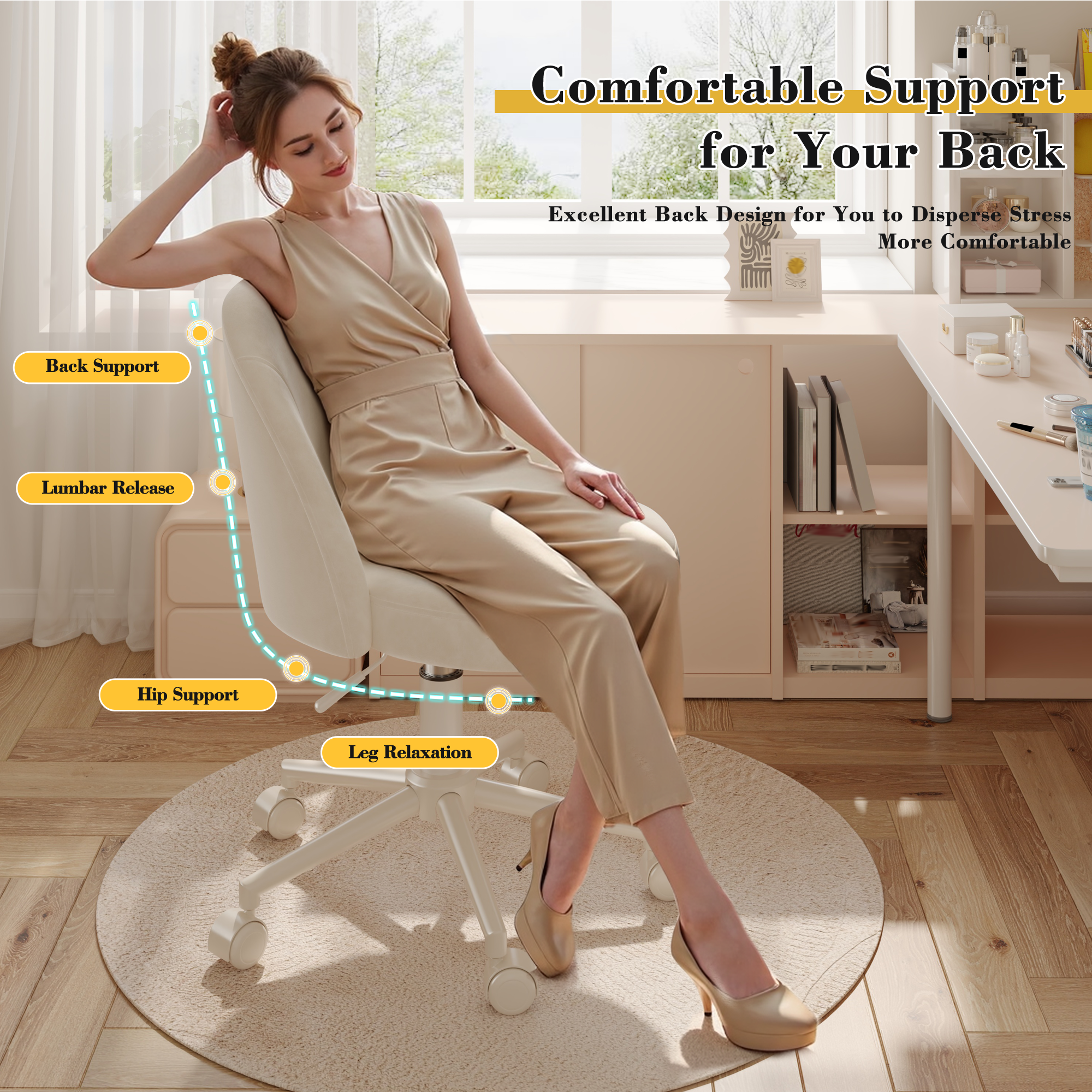 Snhomee Velvet Vanity Chair with Lumbar Support – Adjustable Armless Desk Chair for Home Office & Dorm Rooms