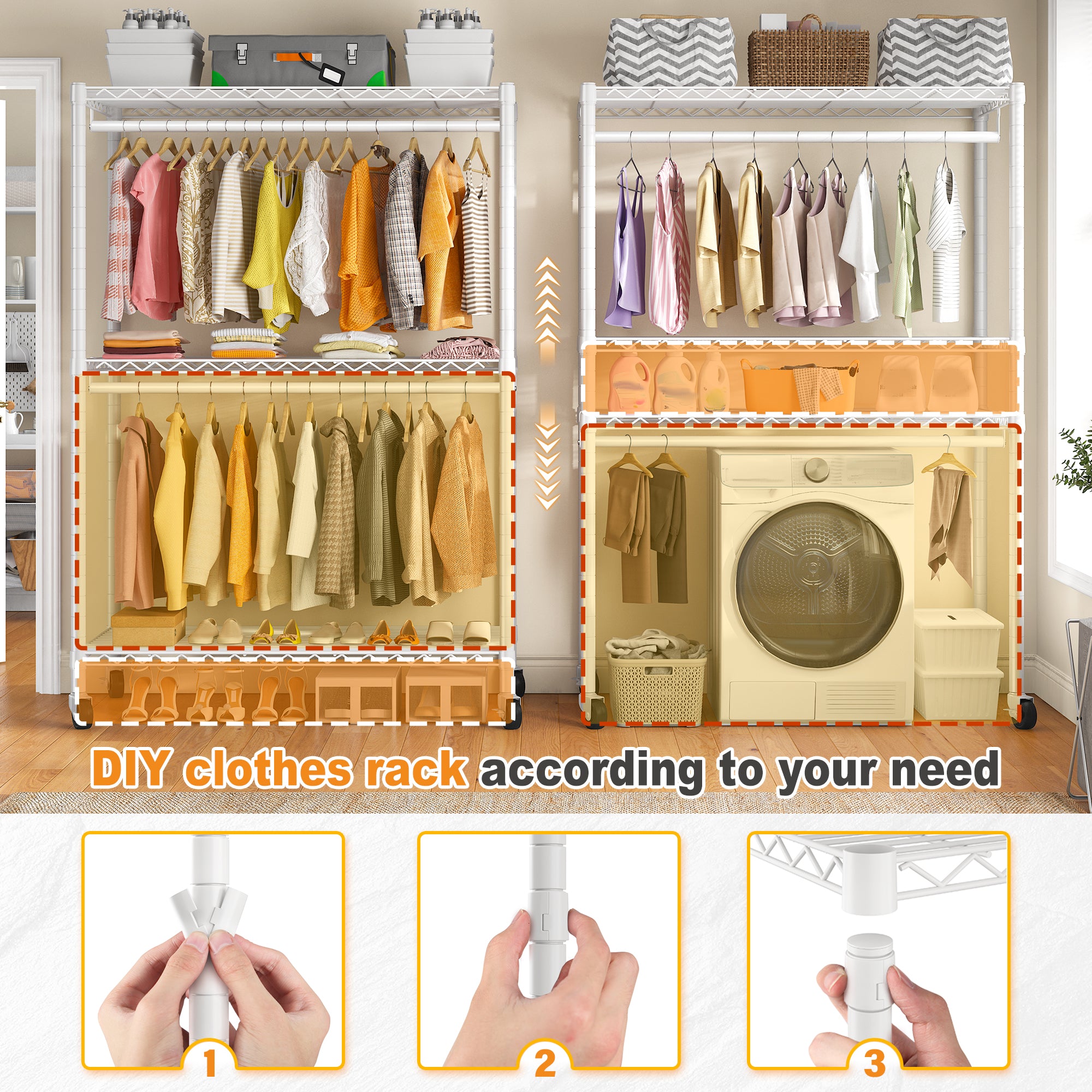 Snhomee 440LBS Heavy Duty Clothing Rack with Wheels,Cloth Rack with Cover,Dorm Room Garment Rack,Space-Saving‌ Dorm Essential‌