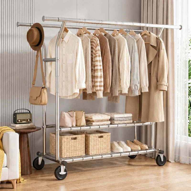 metal dress rack Snhomee 630 LBS Heavy Duty Expandable Clothes with 2 Shelves & Lockable 360° Wheels, Snap-Fit Assembly for Bedroom Laundry Room Free standing Size:No. 17 pants-size-46w Christian Dior: Designer of away design for easy