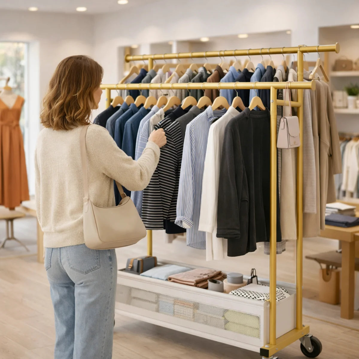 The clothing rack for boutique and retail storage provides organized hanging space while keeping garments easy for customers to view.