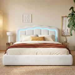 Snhomee Cloud Bed Frame with LED Lights,5.51" Cloud-Shaped Headboard,Easy Assembly, Noise-Free, No Box Spring Needed