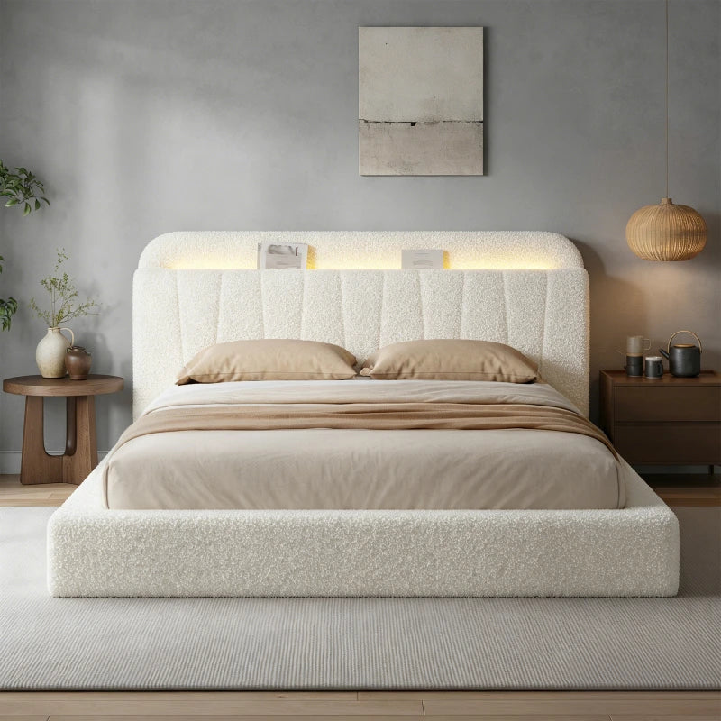 Snhomee Cloud Bed Frame with Storage Headboard & LED Lights,Easy Assembly,No Box Spring Needed
