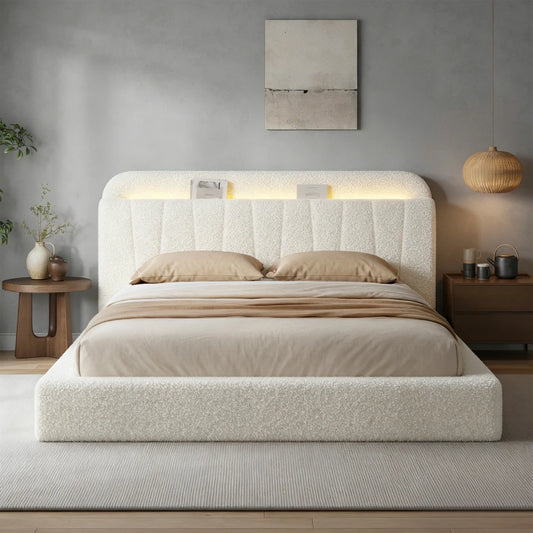 Snhomee Cloud Bed Frame with Storage Headboard & LED Lights,Easy Assembly,No Box Spring Needed 800