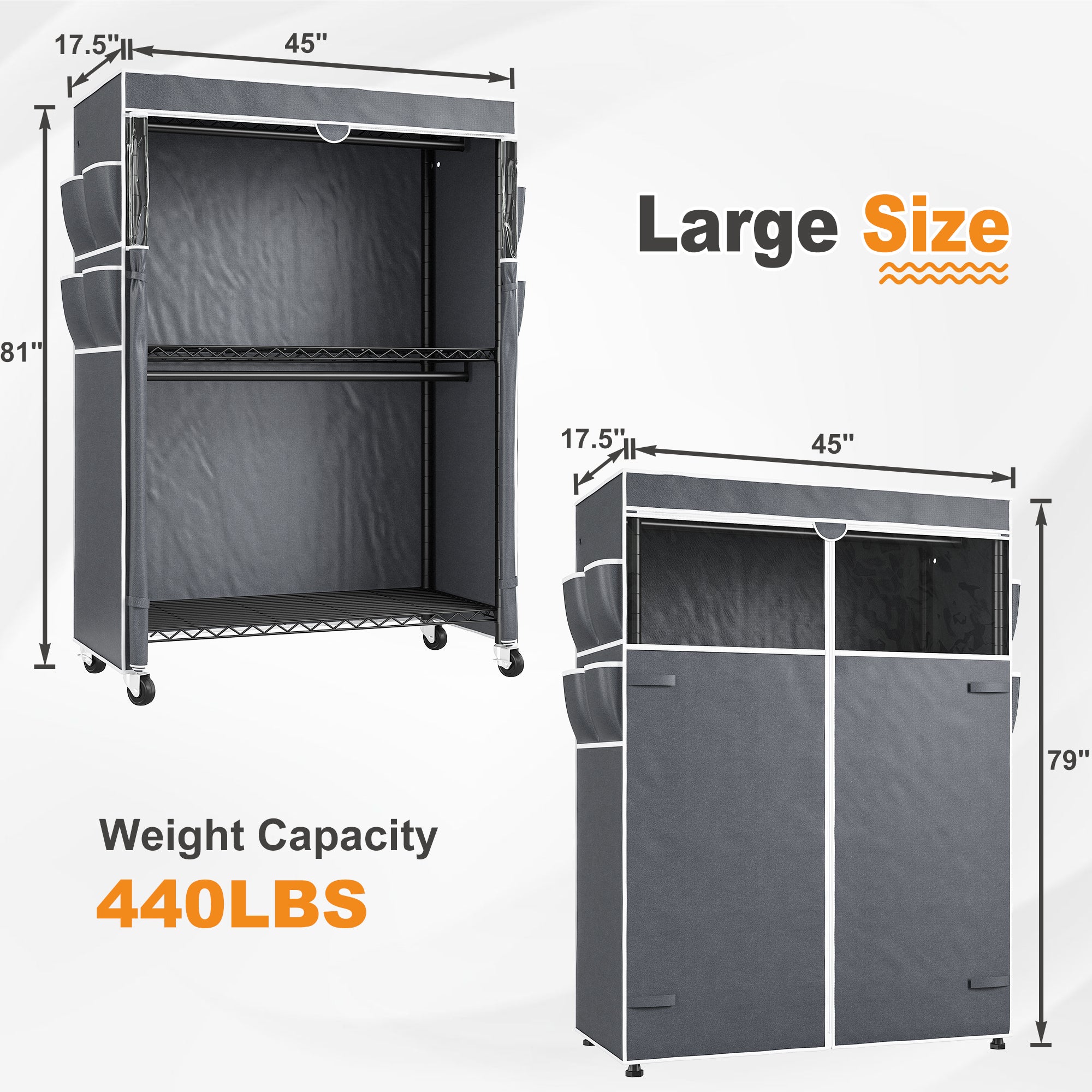 Snhomee 440LBS Heavy Duty Clothing Rack with Wheels,Cloth Rack with Cover,Dorm Room Garment Rack,Space-Saving‌ Dorm Essential‌
