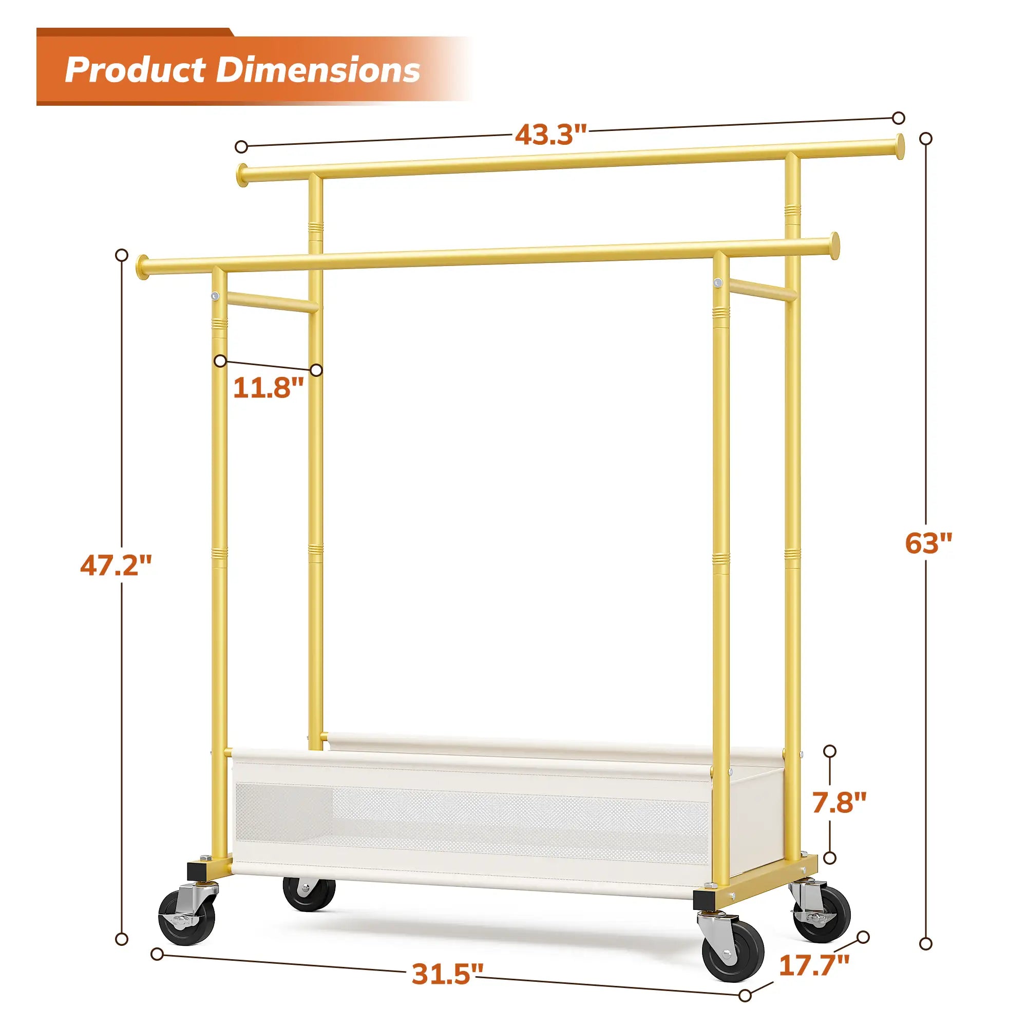 Measuring 43.3"W × 17.71"D × 63"H.The compact design makes this clothing rack for apartments and dorm rooms ideal for bedrooms with limited closet space.