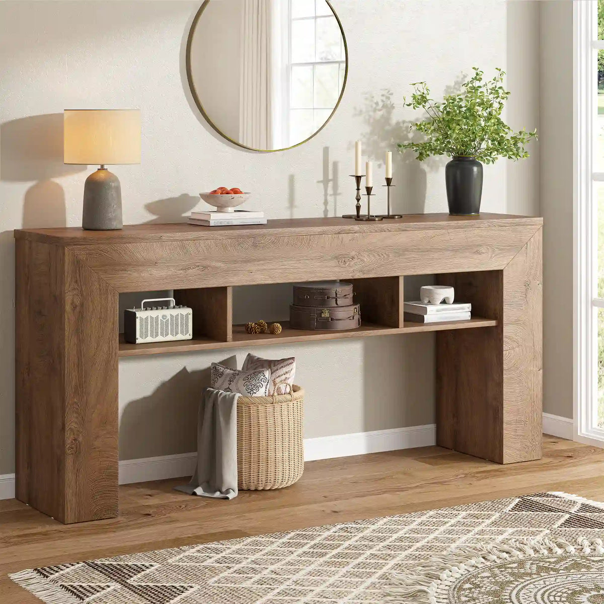 Snhomee 63"W Entryway Table For Entryway, Console Table With Extra Storage Shelves, Wooden Sofa Table, For Living Room, Entrance, Foyer