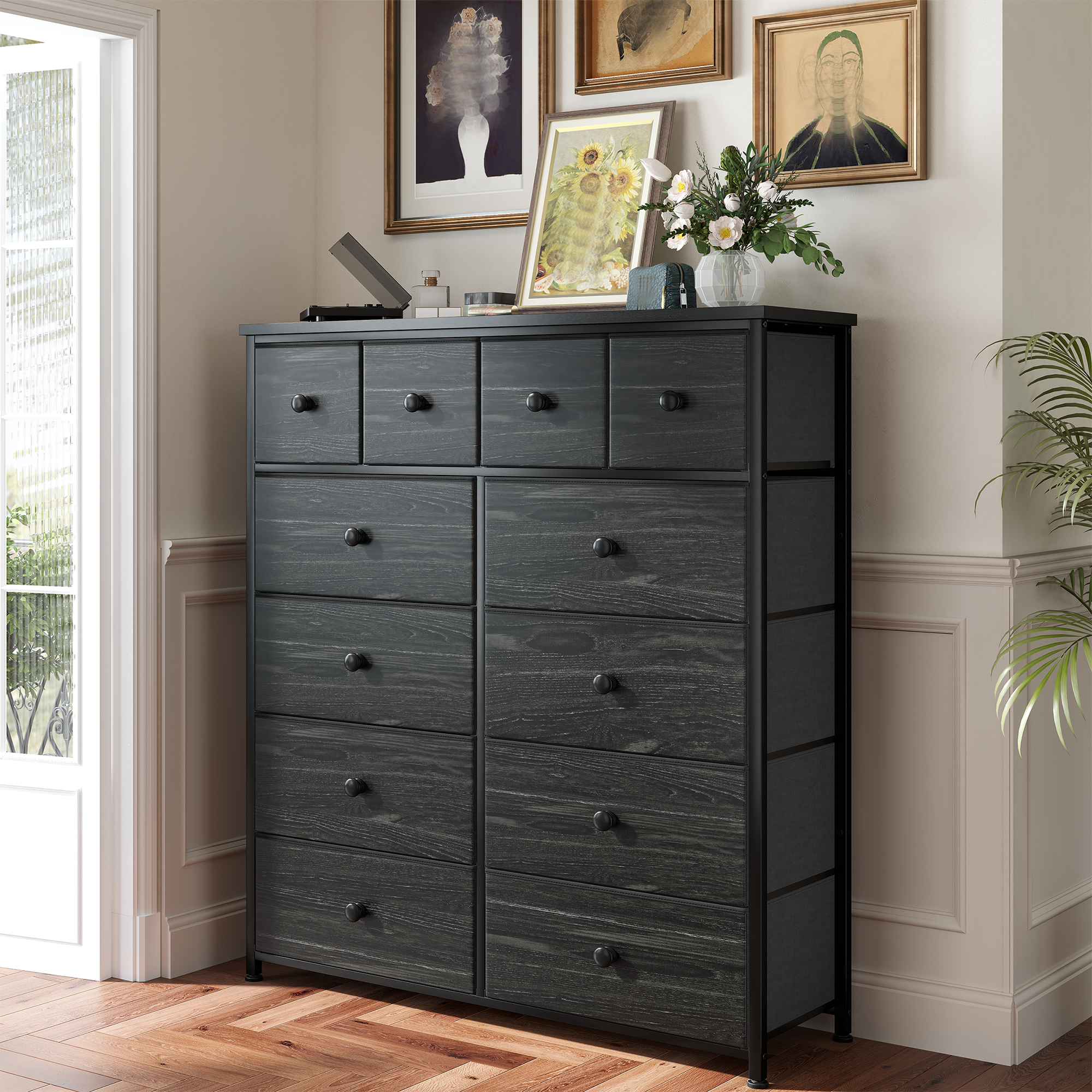Snhomee 12-Drawer Tall Dresser for Bedroom  - Fabric & Metal Storage Organizer with Wood Top, Anti-Tip Design, Space-Saving, Closet, Entryway, Dorm Furniture, Back to school